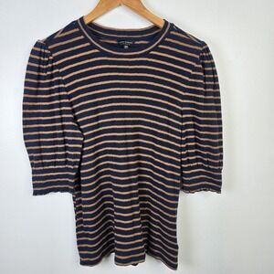 Lucky Brand Shirt Womens Medium Blue Brown Striped Puff‎ Sleeve Knit Top Casual